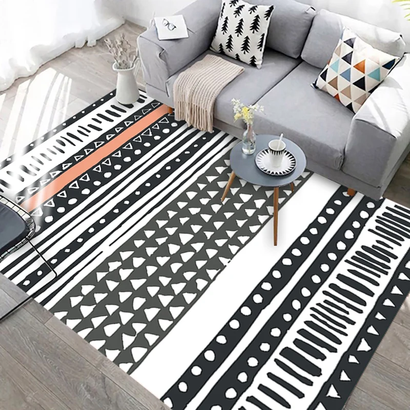 Schwarz-weißer geometrischer Teppich mit Linien und Dreiecken, südwestlicher, haustierfreundlicher Teppich für das Wohnzim...