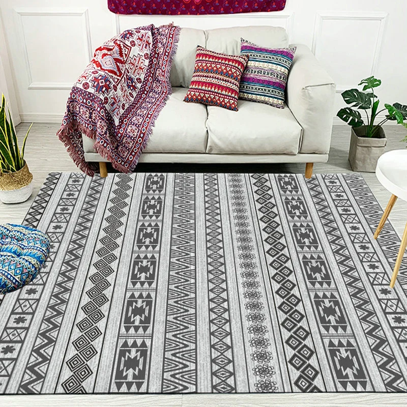 Südwestlicher Wohnzimmerteppich mit grauem Streifen-Blumen-Geometrie-Druck, Teppich aus Polyester mit rutschfester Rücksei...