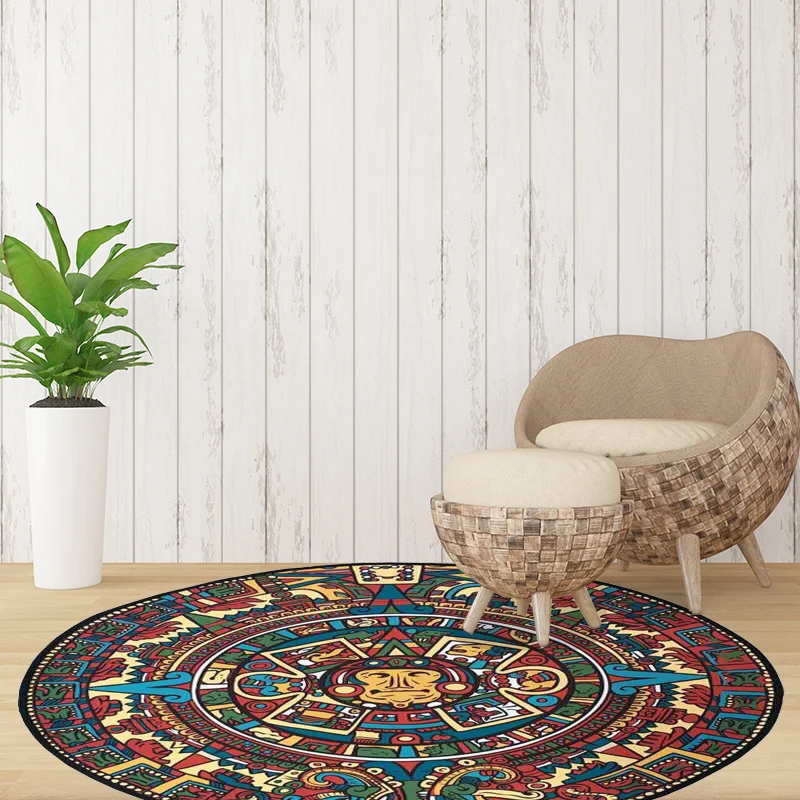 Südwestlicher Wohnzimmerteppich Rot mit Tribal-Tierkreis-Print, Polyester, rutschfeste Rückseite, waschbarer Teppich Clear...