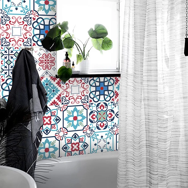 Selbstklebende Tapeten mit Blumendruck, blaue Wanddekoration im böhmischen Stil für das Badezimmer Clearhalo