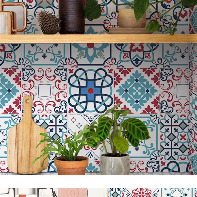 Selbstklebende Tapeten mit Blumendruck, blaue Wanddekoration im böhmischen Stil für das Badezimmer Clearhalo