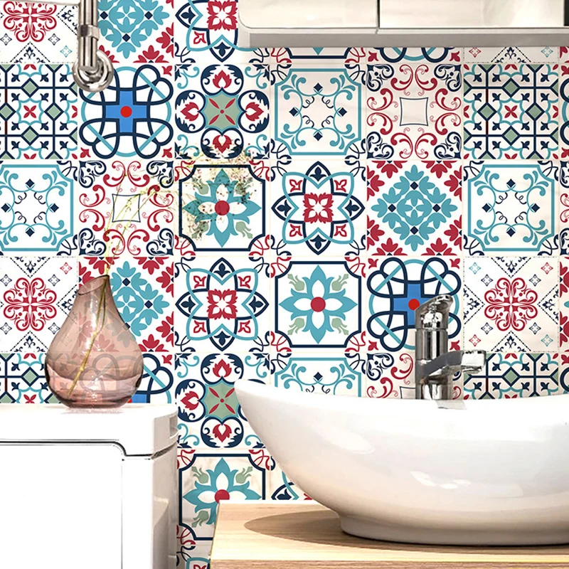 Selbstklebende Tapeten mit Blumendruck, blaue Wanddekoration im böhmischen Stil für das Badezimmer Clearhalo