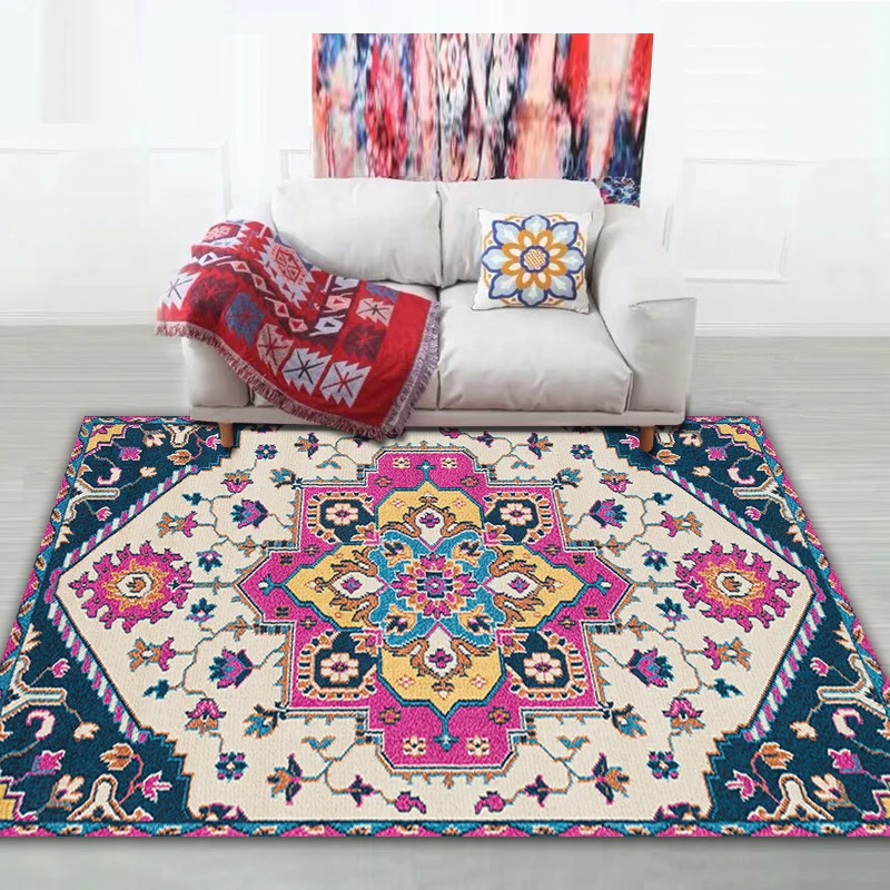 Shabby-Chic-Teppich mit Stammesmuster, mehrfarbiger Bohemian-Teppich, Synthetik, schmutzabweisend, rutschfeste Unterseite,...