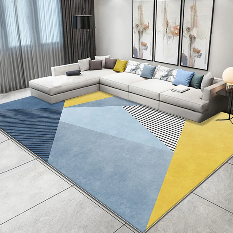 Simplicity Colorblock-Teppich mit Streifenmuster, blauer und gelber Polyester-Teppich, waschbarer, haustierfreundlicher, r...