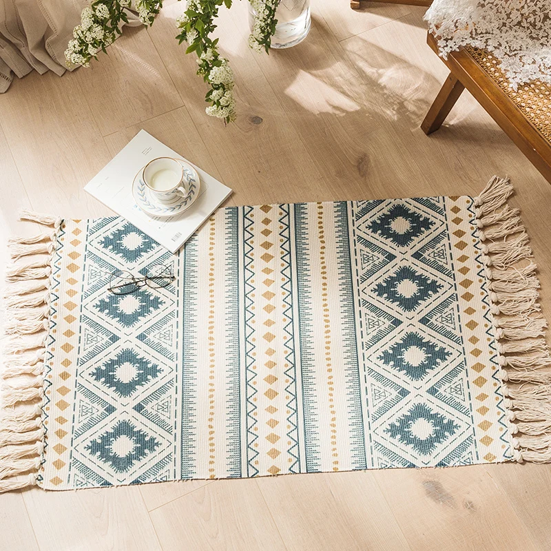 Simplicity Grüner Boho-Teppich aus Baumwollstrick, nahtlos gemusterter Teppich, haustierfreundlich, maschinenwaschbarer Te...