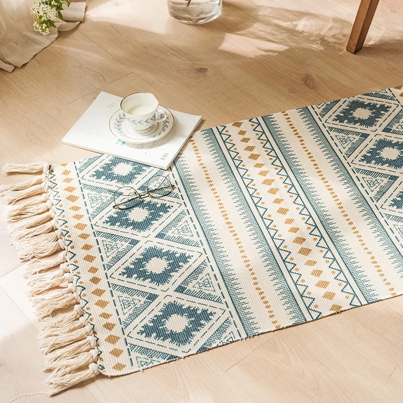 Simplicity Grüner Boho-Teppich aus Baumwollstrick, nahtlos gemusterter Teppich, haustierfreundlich, maschinenwaschbarer Te...