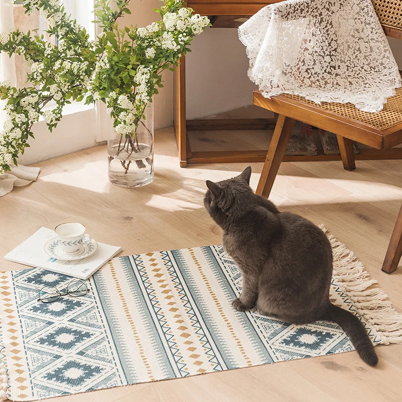 Simplicity Grüner Boho-Teppich aus Baumwollstrick, nahtlos gemusterter Teppich, haustierfreundlich, maschinenwaschbarer Te...