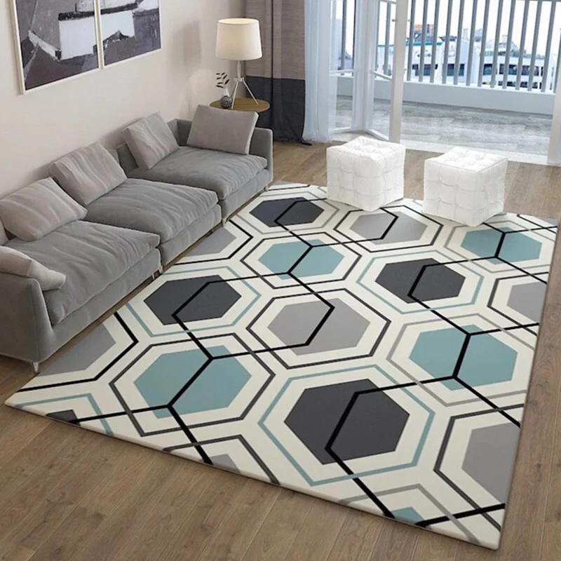 Skandinavischer Wohnzimmerteppich, mehrfarbiger Teppich mit geometrischem Druck, Polyester, rutschfeste Rückseite, pflegel...