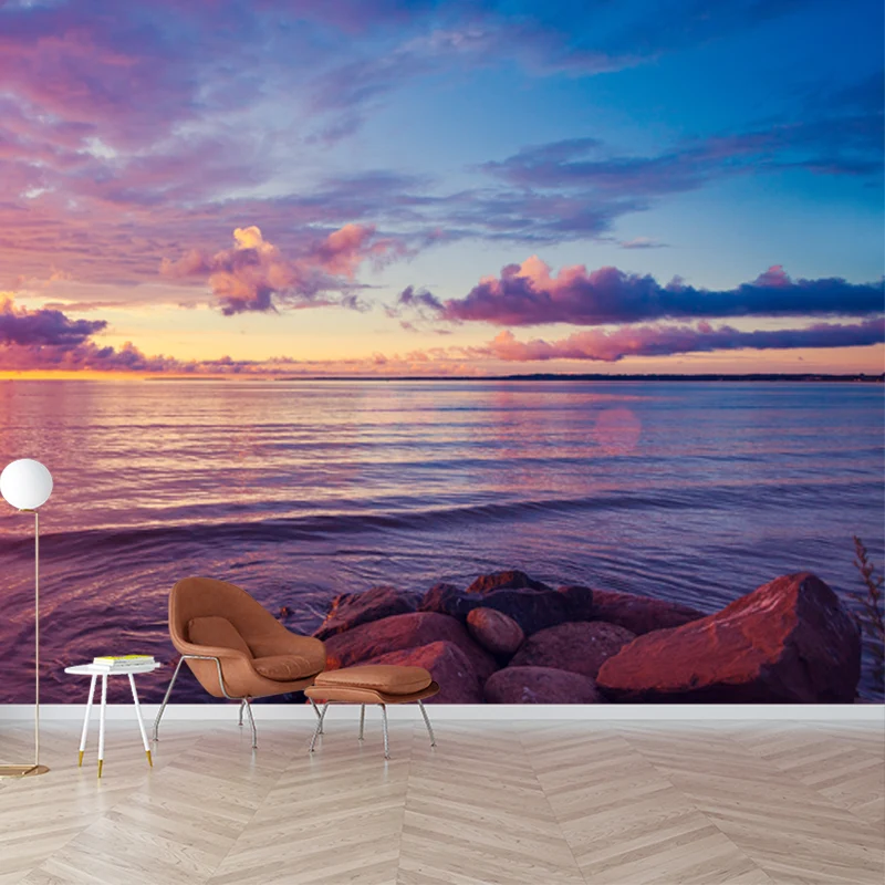 Sonnenuntergang über der Meeresoberfläche, blau-lila modernistische Wanddekoration für die Heimgalerie Clearhalo