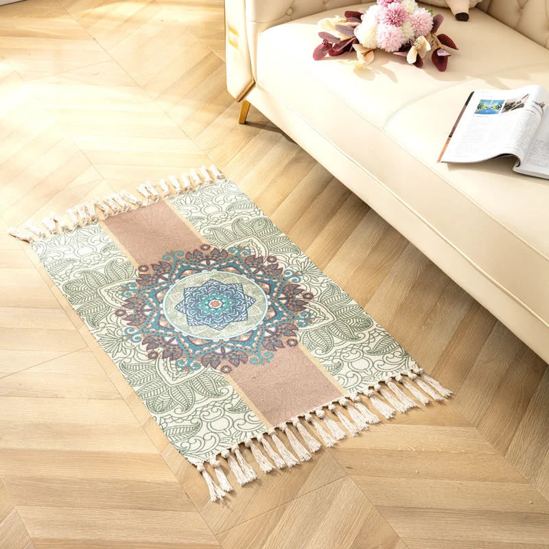 Ästhetischer mehrfarbiger Boho-Teppich aus Baumwolle mit geflochtenen Blumen, haustierfreundlicher Teppich für Schlafzimme...
