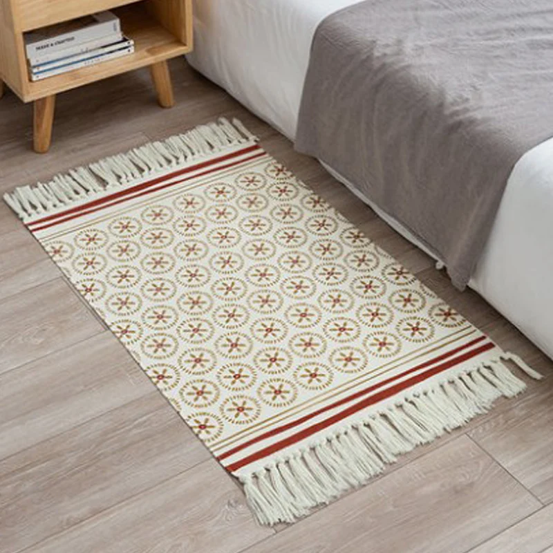 Ästhetischer mehrfarbiger Boho-Teppich aus Baumwolle mit geflochtenen Blumen, haustierfreundlicher Teppich für Schlafzimme...