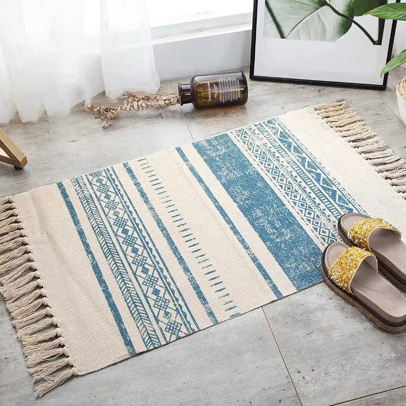 Ästhetischer mehrfarbiger Boho-Teppich aus Baumwolle mit geflochtenen Blumen, haustierfreundlicher Teppich für Schlafzimme...