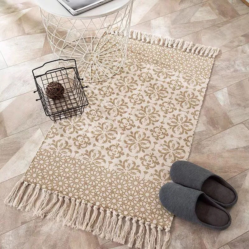 Ästhetischer mehrfarbiger Boho-Teppich aus Baumwolle mit geflochtenen Blumen, haustierfreundlicher Teppich für Schlafzimme...