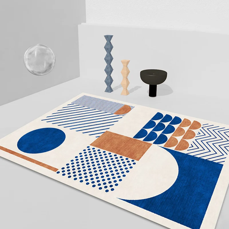Stilvoller blauer nordischer Teppich aus Polyester mit geometrischem und gestreiftem Muster, waschbarer, haustierfreundlic...