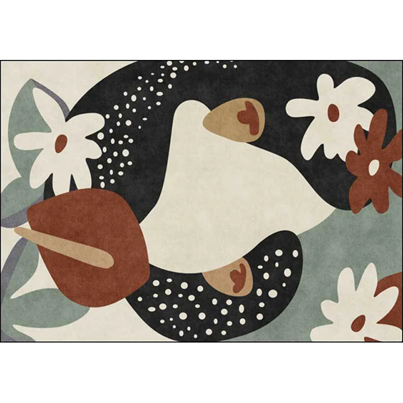 Stilvoller Kinderteppich Schwarz und Elfenbein mit floralem Blatt-Punktmuster-Teppich, schmutzabweisender Polyester-Teppic...