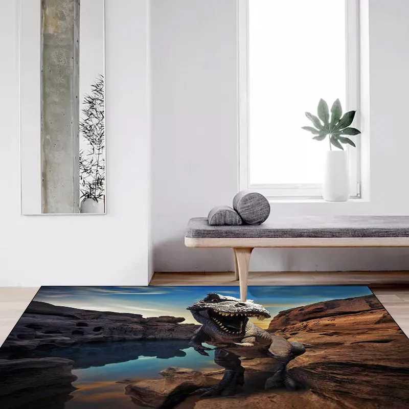 Stilvoller Teppich mit Dinosauriermuster Braun und Blau, einfacher Teppich aus Polyester, waschbar, rutschfeste Rückseite,...