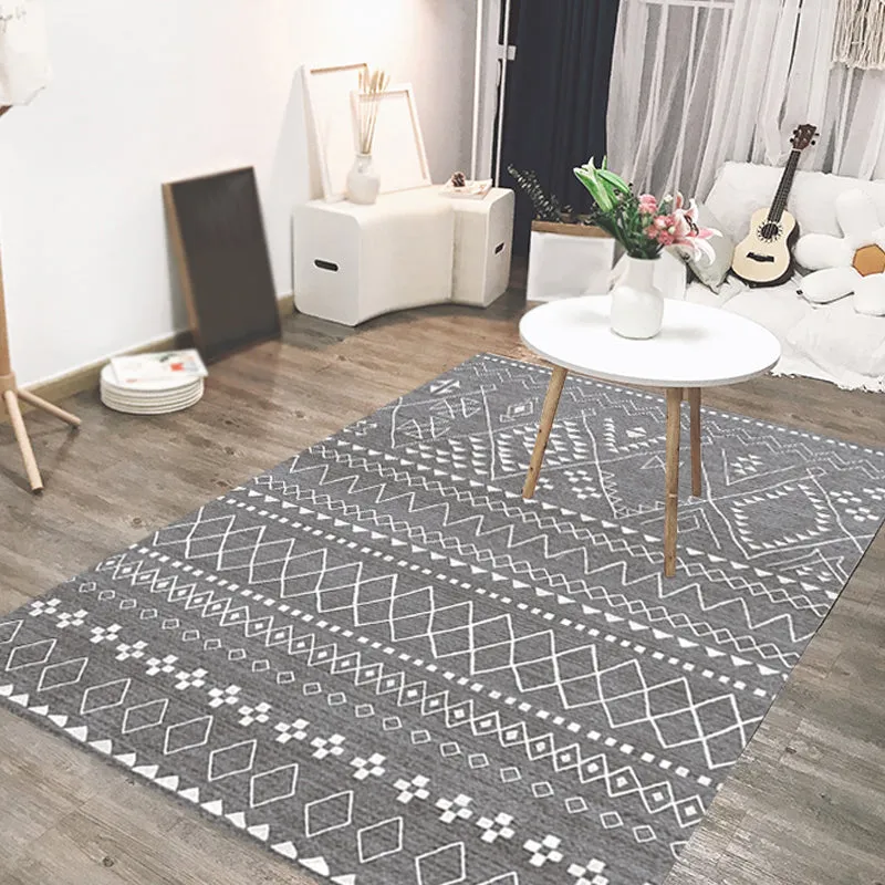 Stilvoller Teppich mit geometrischem Stammesmuster und Streifen, grauer Bohemian-Teppich aus Polyester, haustierfreundlich...