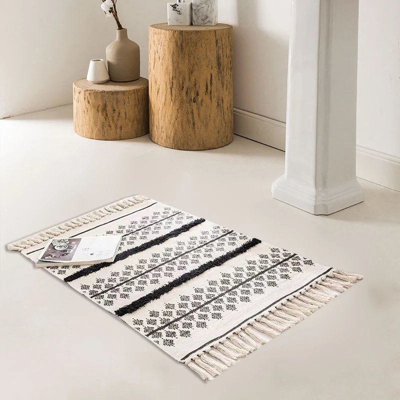 Stilvoller Teppich mit Rautenmuster, mehrfarbig, Boho-Teppich, Baumwolle, haustierfreundlich, waschbarer Teppich für das Z...