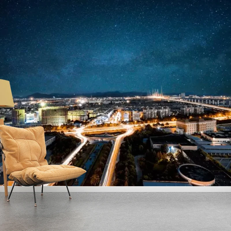 Tapete „Full Night City“ blauer Vliesstoff-Wandverkleidung für Akzentwände, maßgefertigt Clearhalo