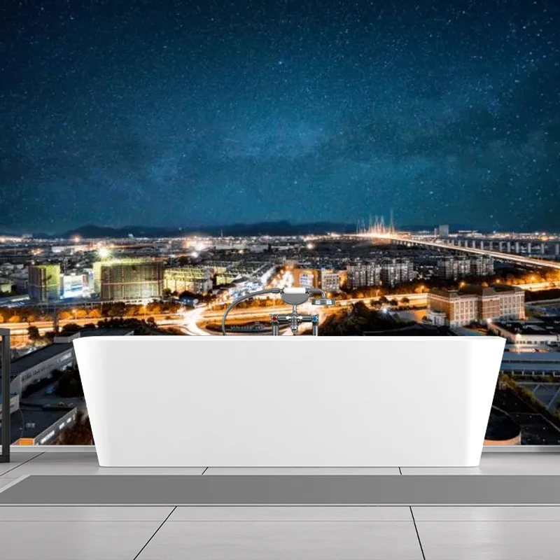 Tapete „Full Night City“ blauer Vliesstoff-Wandverkleidung für Akzentwände, maßgefertigt Clearhalo