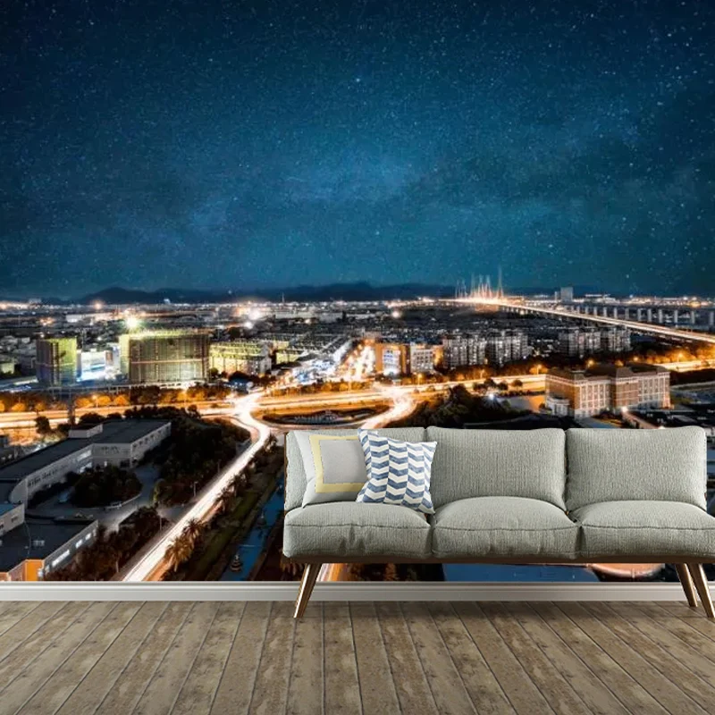 Tapete „Full Night City“ blauer Vliesstoff-Wandverkleidung für Akzentwände, maßgefertigt Clearhalo