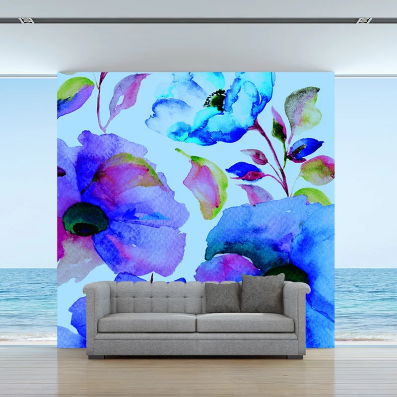 Tapete mit blau blühenden Blumen, schmutzabweisende Wandverkleidung für das Wohnzimmer Clearhalo