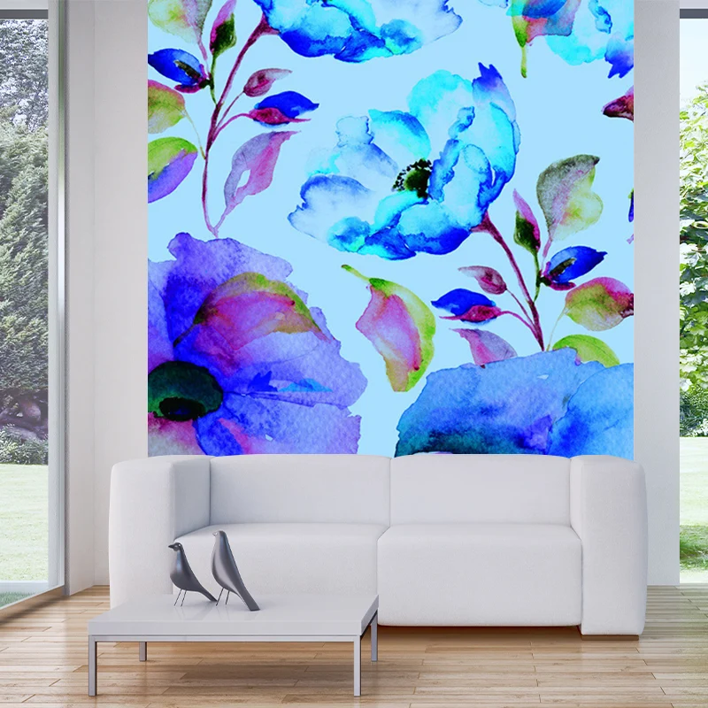 Tapete mit blau blühenden Blumen, schmutzabweisende Wandverkleidung für das Wohnzimmer Clearhalo