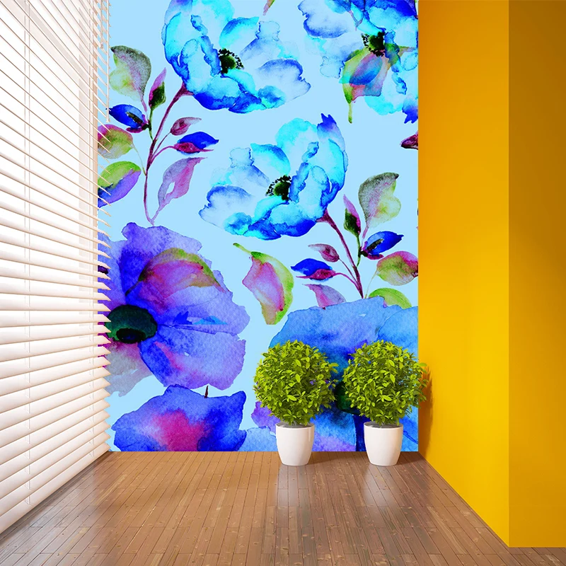 Tapete mit blau blühenden Blumen, schmutzabweisende Wandverkleidung für das Wohnzimmer Clearhalo
