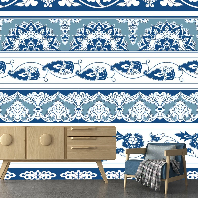 Tapete mit blauem Blumenmuster, abstrakter Boho-Stil, schmutzabweisende Wandverkleidung für Zuhause Clearhalo