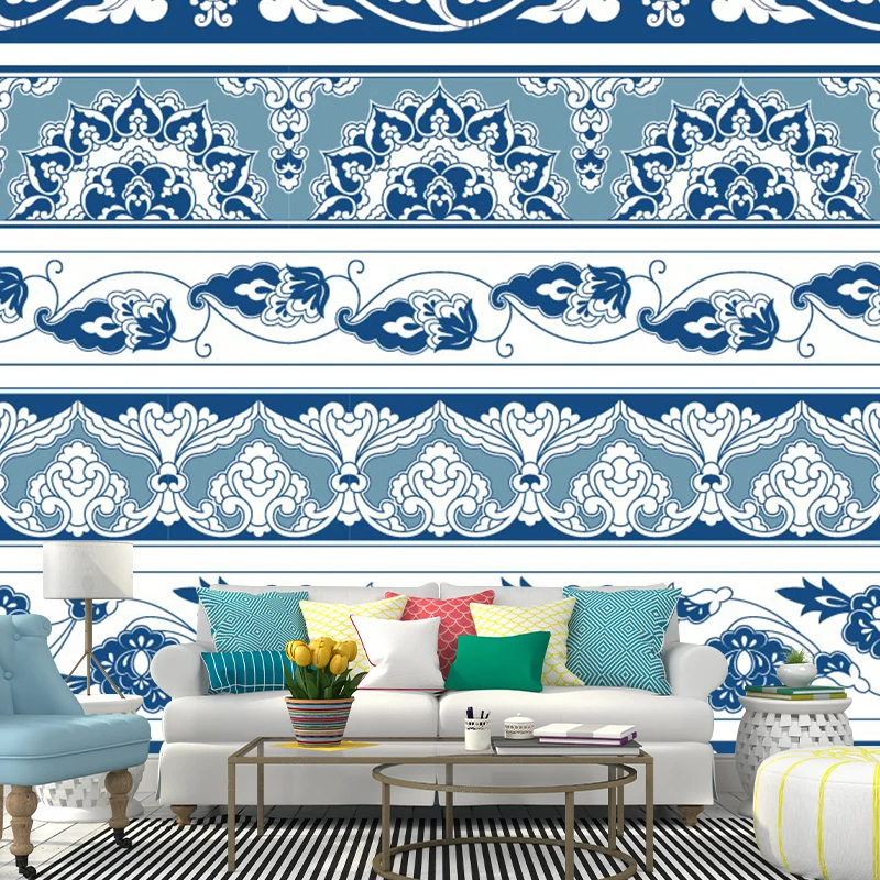 Tapete mit blauem Blumenmuster, abstrakter Boho-Stil, schmutzabweisende Wandverkleidung für Zuhause Clearhalo
