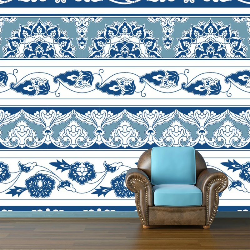 Tapete mit blauem Blumenmuster, abstrakter Boho-Stil, schmutzabweisende Wandverkleidung für Zuhause Clearhalo