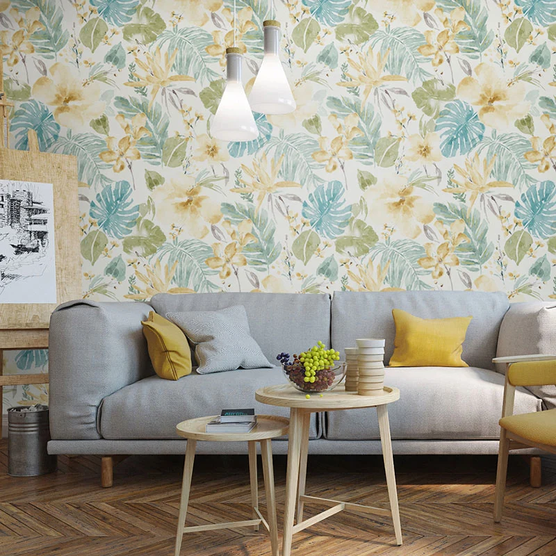 Tapete mit blühenden Blumen und Blättern natürlicher Farbe, Wanddekoration aus Vliesstoff für Gästezimmer, 33' x 20,5" Cle...