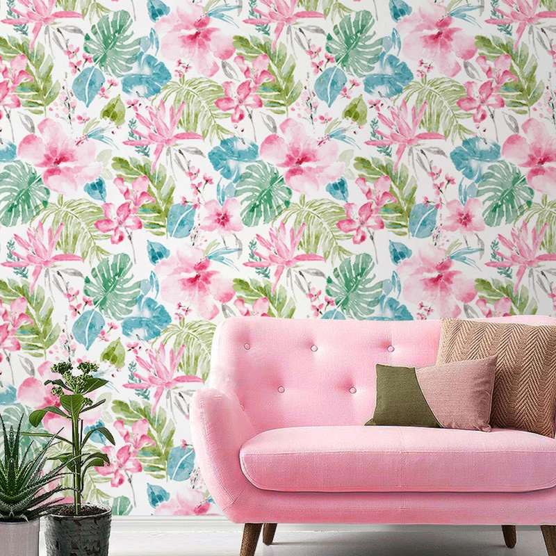 Tapete mit blühenden Blumen und Blättern natürlicher Farbe, Wanddekoration aus Vliesstoff für Gästezimmer, 33' x 20,5" Cle...