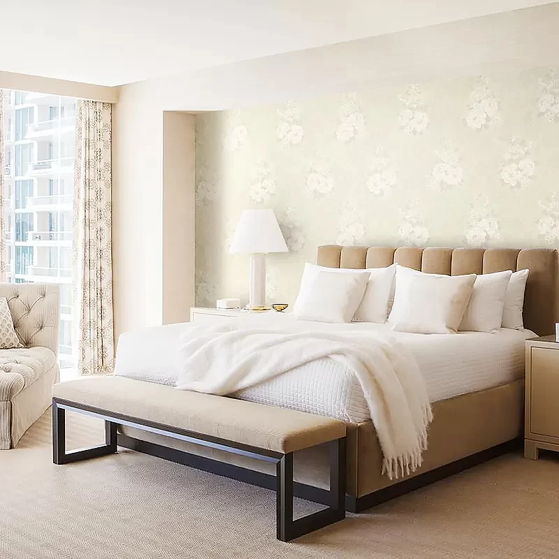 Tapete mit Blumenmuster, ländliche Vlies-Wanddekoration Weiß auf Beige für Hotels Clearhalo
