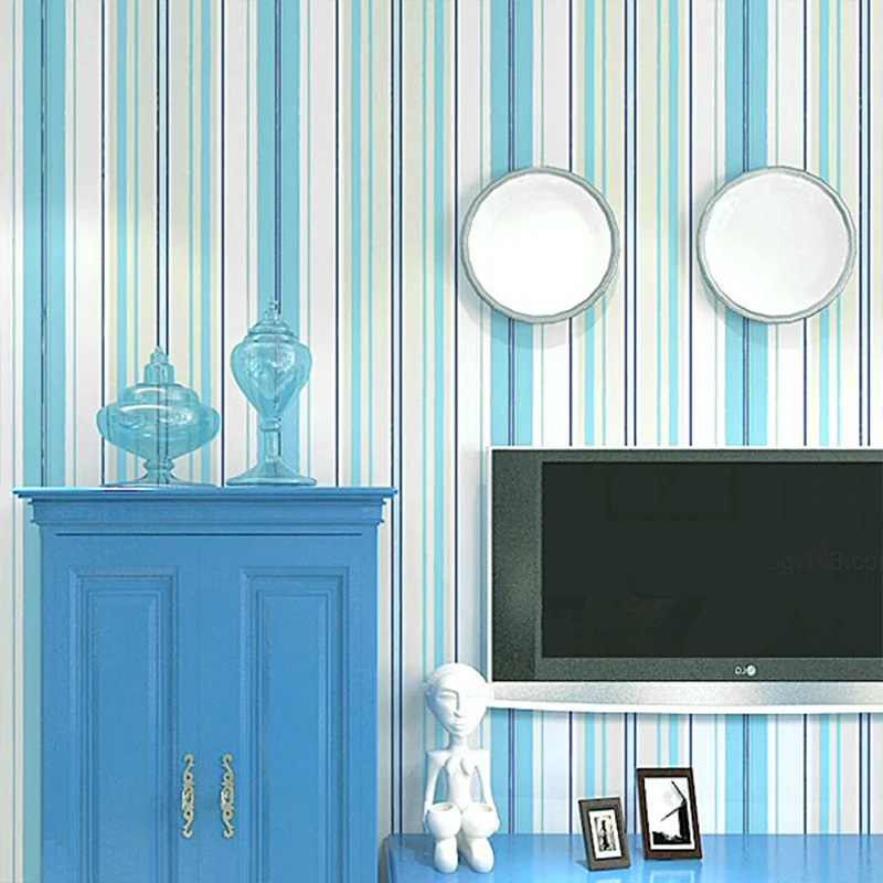 Tapete mit nordischen und einfachen Streifen, 33' L x 20,5" W, nicht verklebte Wandverkleidung frischem Blau Clearhalo