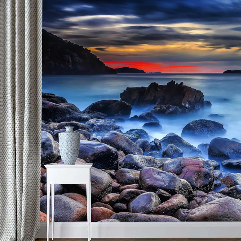 Tapetenwandbild „Sundown Stone Shore“, moderne Wandverkleidung aus Vliesstoff Blau Clearhalo
