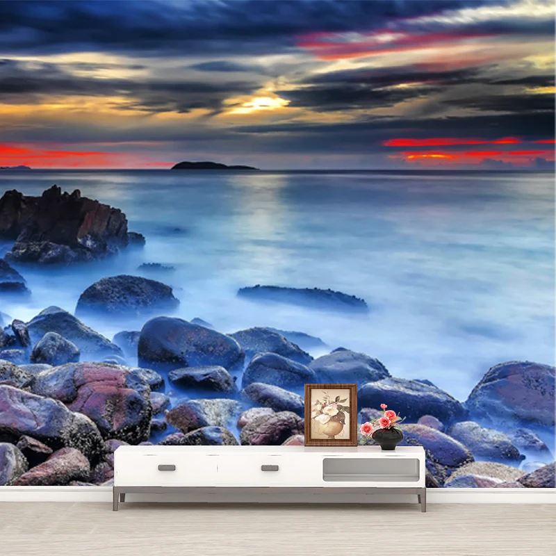 Tapetenwandbild „Sundown Stone Shore“, moderne Wandverkleidung aus Vliesstoff Blau Clearhalo