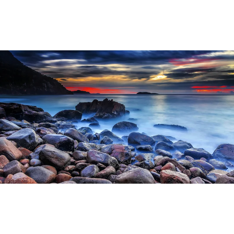 Tapetenwandbild „Sundown Stone Shore“, moderne Wandverkleidung aus Vliesstoff Blau Clearhalo
