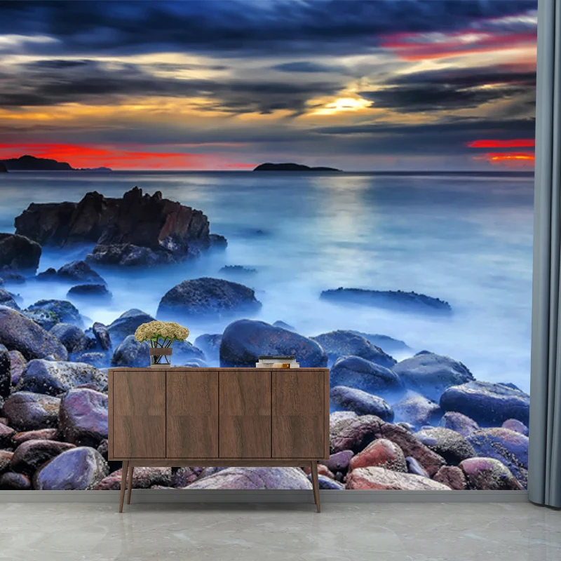 Tapetenwandbild „Sundown Stone Shore“, moderne Wandverkleidung aus Vliesstoff Blau Clearhalo