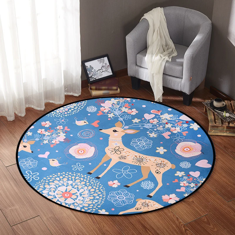 Teppich für Kinderzimmer Blau mit Tier- und Hirschmuster, schmutzabweisender Teppich aus Polyester Clearhalo