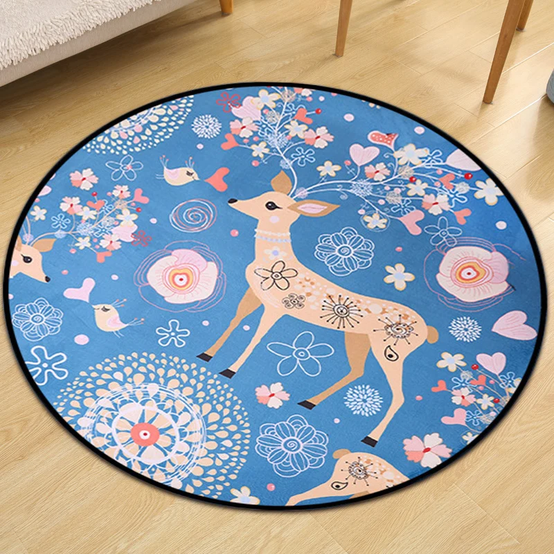 Teppich für Kinderzimmer Blau mit Tier- und Hirschmuster, schmutzabweisender Teppich aus Polyester Clearhalo