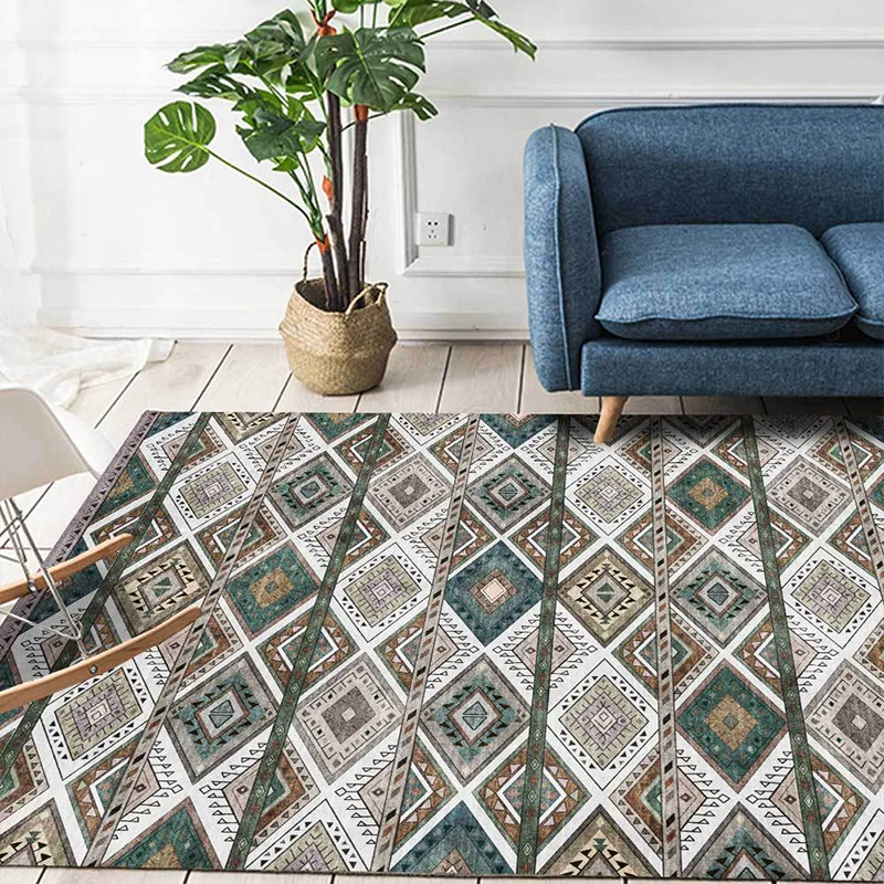 Teppich mit persischem Azulejos-Print, grüner Polyester-Teppich, maschinenwaschbarer, rutschfester Teppich für das Wohnzim...
