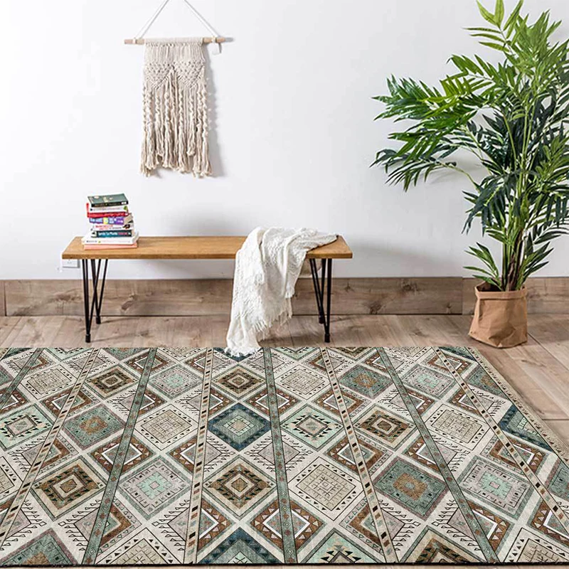 Teppich mit persischem Azulejos-Print, grüner Polyester-Teppich, maschinenwaschbarer, rutschfester Teppich für das Wohnzim...