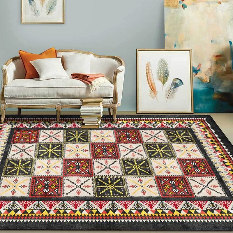 Teppich mit Stammes-Azulejos-Muster, roter und grüner mediterraner Teppich, Polyester, maschinenwaschbarer, rutschfester T...