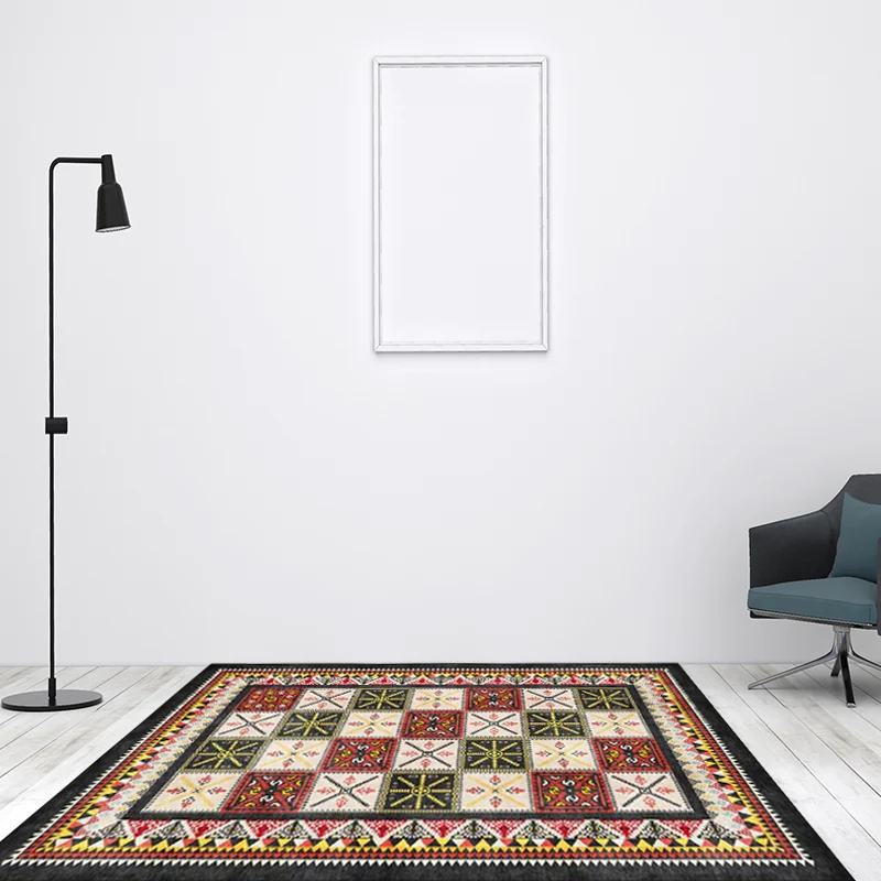 Teppich mit Stammes-Azulejos-Muster, roter und grüner mediterraner Teppich, Polyester, maschinenwaschbarer, rutschfester T...