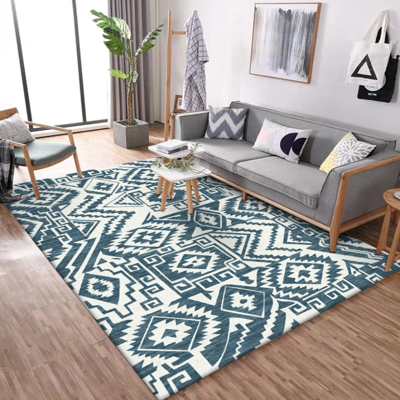 Tribal-Teppich im Südwesten Blau und Weiß mit geometrischem Muster, Polyester, haustierfreundlicher Teppich für die Heimde...