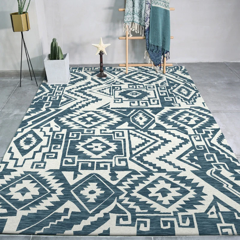Tribal-Teppich im Südwesten Blau und Weiß mit geometrischem Muster, Polyester, haustierfreundlicher Teppich für die Heimde...