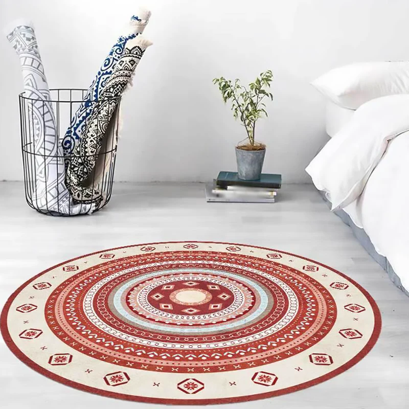 Vingtage Teppich mit konzentrischen Kreisen, blauer und roter Bohemian-Teppich, waschbarer Polyester-Teppich mit rutschfes...