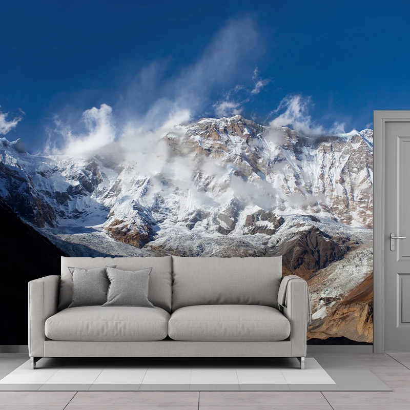 Vlies-Wandbild, schmutzabweisend, moderne Winter-Rock-Mountain-Wandkunst Blau-Weiß-Braun Clearhalo