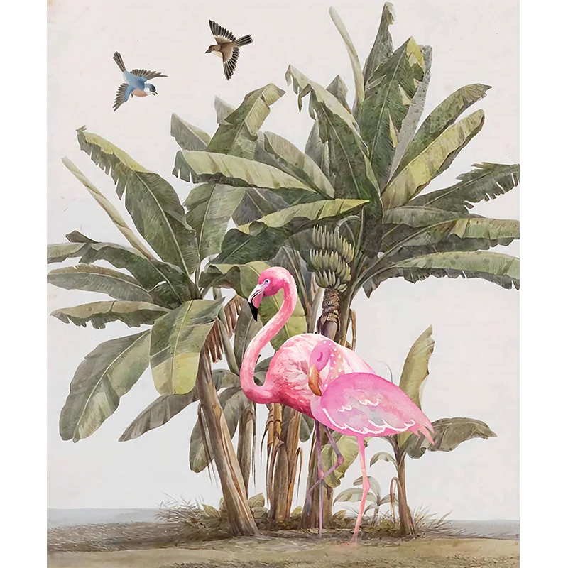 Vogel- und Flamingo-Wandtapete für die Schlafzimmerdekoration eines Mädchens, Rosa und Grün, nach Maß gefertigt Clearhalo